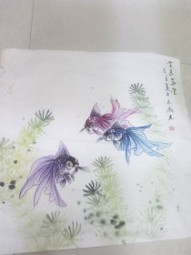 ，可爱的金鱼！老画家画工细腻. 保证纯手绘， 绝对无印刷有收藏价值老国画67+66厘米高，小房间底