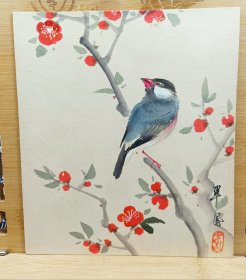 红梅上的雀鸣 日本回流小色卡 纯手绘品 翠凤作品 画工佳 长20.8cm宽18Cm，保管品。 [佛系]实价不议不包不退换。