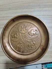蒙古国回流手工铜挂盘，5畜16.8厘米