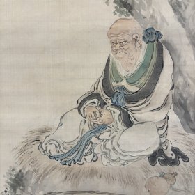 日本江户时代画家，渡边华山弟子，山本琴谷作品，姜太公垂钓图，绢本绫裱无轴头，带高森碎岩、渡边华石鉴定木箱（有损坏处），画心125*51。盒218