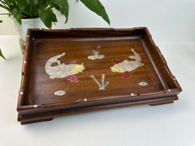 老花梨木 茶盘 收纳盘 果盘 一只 鲤鱼戏水画篇螺钿镶嵌工艺 尺寸长36厘米 宽24厘米 高5.5厘米 年代不详自鉴