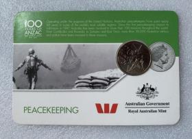 澳大利亚2016年20分澳新军团100周年官方卡装纪念币～维和部队