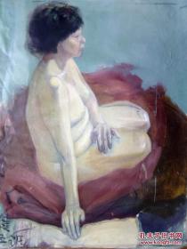 布面油画：吕健《盘腿侧坐女裸模》