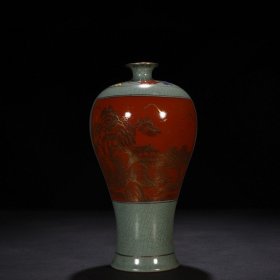 宋政和二年款汝窑矾红描金山水纹梅瓶 29*14厘米 1200