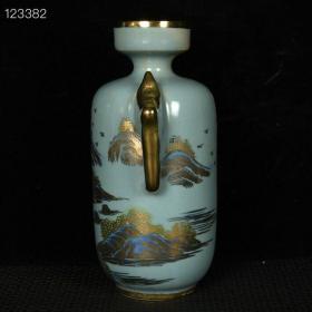 宋汝瓷崇宁元年清凉寺御制青釉加彩描金山水纹双耳盘口瓶