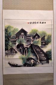 佚名山水画作一幅《古镇风情》