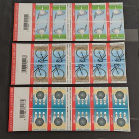 Belgica1比利时邮票2006年体育题材 自行车越野世界锦标赛，保龄球；高尔夫 新 3全 小本票 如图 3联，共30枚不干胶邮票