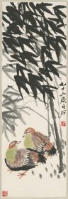 齐璜竹鸡图。画心37*107.4厘米。宣纸复制品