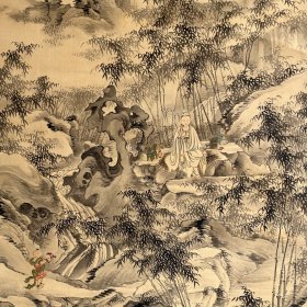 日本近代南画家小田半溪（1837-1902）作品，1892年作，观音善财童子图，大幅，绢本绫裱（绢有小脱裱见图），画心142.3*57.1。画家曾任京都画学校教授。044