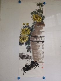 天津画家孙放，水墨手绘花卉一副，品相稍差，尺寸105x35厘米