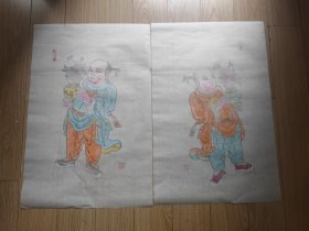 绵竹年画大师陈兴才木版套印手工上色年画 一对 有印章 包老保真 见实物更是色彩鲜艳，人物形象栩栩如生，爱不释手！