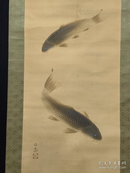 白涛/回流绢本双鱼图立轴，体1888原装绫裱，缺失轴头，画芯41×120厘米，品相如图老旧污渍等，手绘精品