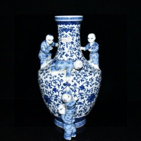 清代乾隆回流瓷青花缠枝花卉五子登科瓶【31.8x22cm】