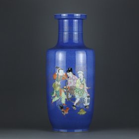 清康熙 雪花蓝釉描金五彩人物图棒槌瓶 高度47.2cm，肚径21cm。