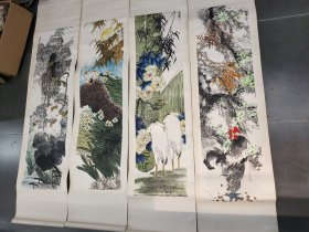 花鸟四条屏，画工不错，落款为万宝