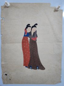 1951年荣宝斋木版水印，敦煌壁画 供养人 妇女2 潘絜兹临，使用矿物颜料，印制精美，较少见（尺寸约 38.5 × 28.5 cm）