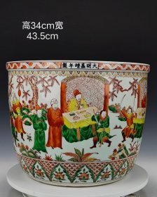 美品·款识“大明嘉靖年制”精工细作满工青花五彩人物故事纹直壁卷缸。