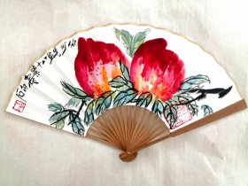 八寸手绘国画寿桃折扇一把 不保真