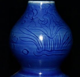 乡下收的元代霁蓝釉雕刻鸳鸯戏水葫芦瓶【20.3x12cm】