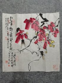 四川名家 何老 周老合作 旧国画软片 花鸟 居高声自远 原稿手绘真迹（画心软片尺寸53*49厘米）
