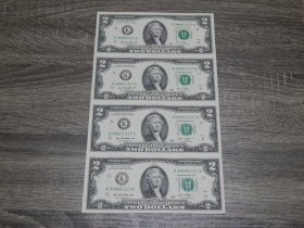 未裁剪，美国幸运纸币$ 2Dollar 4连