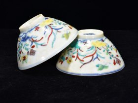 明成化斗彩蝶恋花纹斗笠碗4.5*9厘米