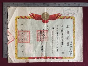 1953年中央人民政府纺织工业部，华东纺织管理局颁发，华东纺织管理局第八职工子弟学校毕业证书，少见的品种，尺寸品相如图，200包邮。