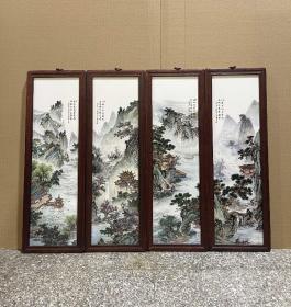 红木镶粉彩山水瓷板画挂屏一组！《亭台楼阁》