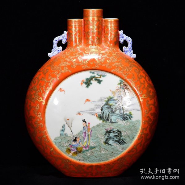 清乾隆胭脂红描金人物故事纹扁瓶尺寸30*24厘米编号13462580053