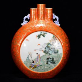 清乾隆胭脂红描金人物故事纹扁瓶尺寸30*24厘米编号13462580053