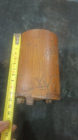 老竹雕笔筒，经典山水画雕刻