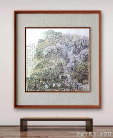 保真书画，长安画派代表画家，季秀伟山水画佳作《桃花雨》，尺寸122×124cm，纸本托片，有合影。季秀伟，中国美术家协会会员，陕西省国画院专业画家，现任陕西国画院山水画院院长，长安画派研究院副院长，陕西山水画研究会副主席等职。一九八六年作品《林间》作品被中国美术馆收藏；作品分别在《陕西画报》、《国画家》、《美术大观》、香港《收藏家》、香港《文汇报》等刊物发表，出版有《季秀伟山水画集》。