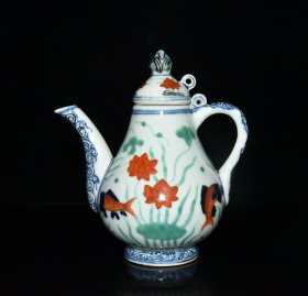 大明宣德年制五彩鱼藻纹执酒壶 尺寸15.5×14.5cm