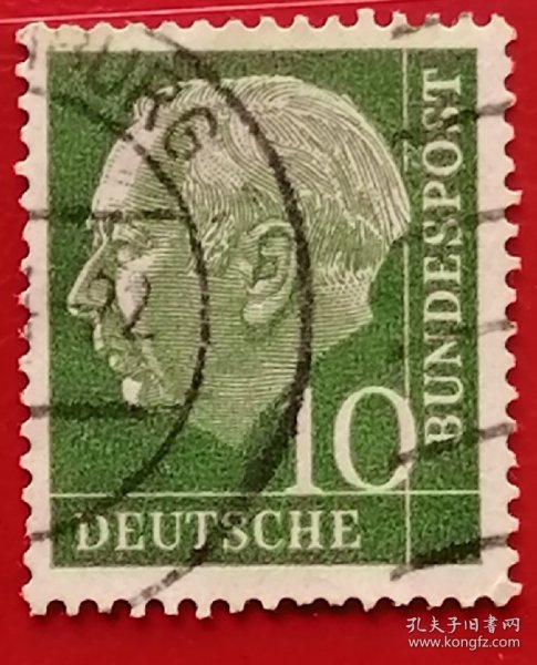 联邦德国邮票 西德 1954-1960年普通纸 特奥多尔 豪斯总统第1组 20-7 信销 （1884年1月31日－1963年12月12日）德国政治家和作家，西德第一任总统，自由民主党主席。二战后参与创立了德国自由民主党，并任主席。1948-1949年在议会任职，参与了西德宪法的起草工作。1949年9月当选第一任西德总统，1959年卸任。主要作品有1932年出版的《希特勒的道路》。