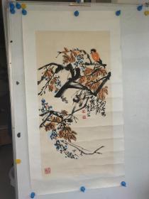上海书画家 龚继先 水墨手绘花鸟画，纸本镜心旧裱 尺寸97x49