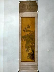 【日本回流】原装旧裱 佚名国画作品《花鸟》一幅（纸本立轴，尺寸：114.5*37，款识：渔者）