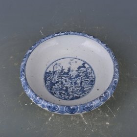 清康熙青花莲池鸳鸯纹洗 8×26厘米