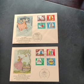 1966和1967年西柏林发行格林童话邮票首日封2枚，这种版本首日封非常漂亮，很少见版本，目录价较高，本店邮品满25元包邮。本店还在孔网开“韶州邮社”