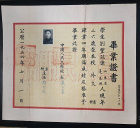 中 国 名 牌大学：1954年中国人民大学〈外交系〉毕业证书，，尺寸45X39厘米