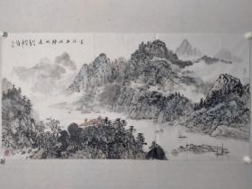 保真书画，当代著名山水画家，施江城先生四尺整纸山水画作一幅《云深巫峡归帆远》69×136cm，软片，本作品带作者合影。