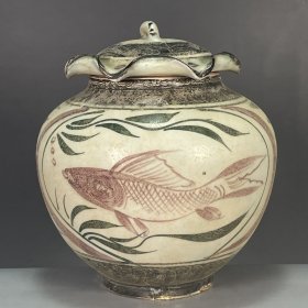 古董古玩杂项收藏吉州窑古彩鱼藻图纹荷叶盖罐