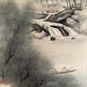 日本近代南画家佐竹永村作品，柳溪垂钓图，绢本布裱，骨质轴头，画心108.7*37。意境甚佳。023