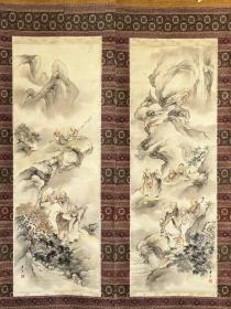 日本近代画家木村其樵作品，十六罗汉双幅，绢本绫裱，带木盒，每幅画心118*41.3。39