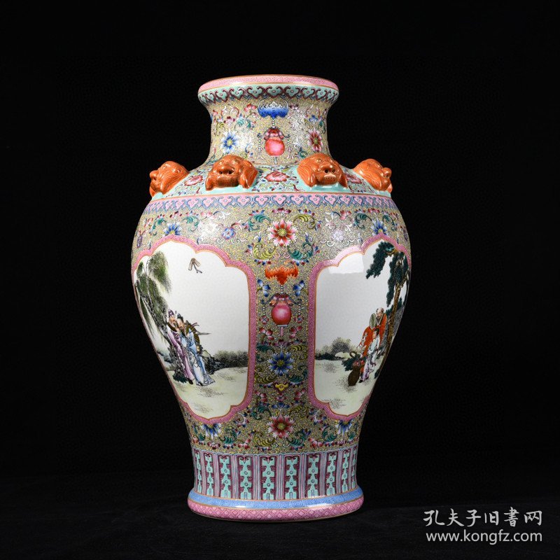 清乾隆古月轩粉彩开窗八仙人物兽头瓶 41*25厘米