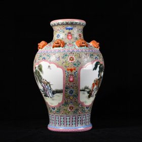 清乾隆古月轩粉彩开窗八仙人物兽头瓶 41*25厘米