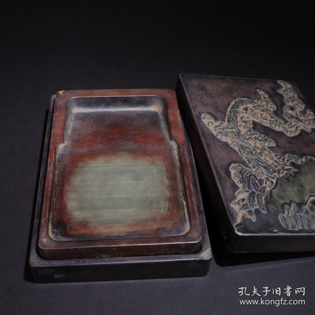 旧藏松花石盖砚：梅花香自苦寒来款：李广金