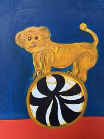 王若伊作品，马戏团踩球的金色狮子。