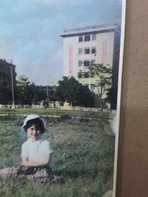 约60-70年代上色老照片一张 在广州海珠广场附近草坪留影，背景隐约有特色标语