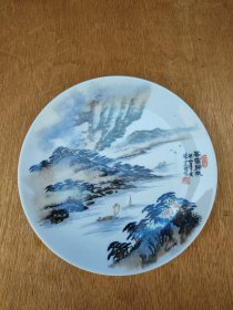 1987年手绘山水瓷盘，有款自查，6