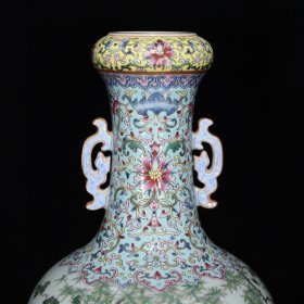 清乾隆粉彩安居乐业纹双耳蒜头瓶尺寸33*19厘米